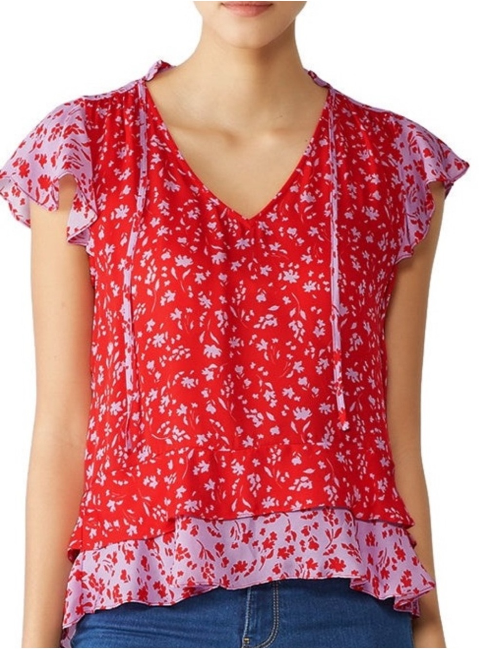 Parker Red Floral V-Neck Ruffle Sleeve Silk Blend Blouse XXL